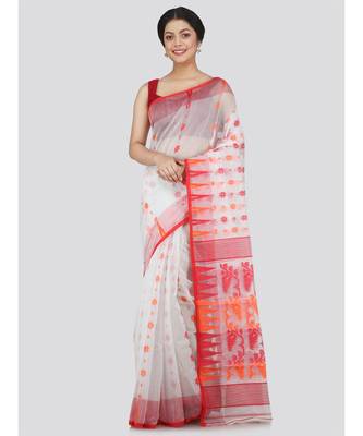 Pinkloom Women'S White Hand Woven Jamdani-Sarees Without Blouse 1