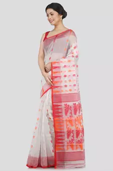 Pinkloom Women'S White Hand Woven Jamdani-Sarees Without Blouse