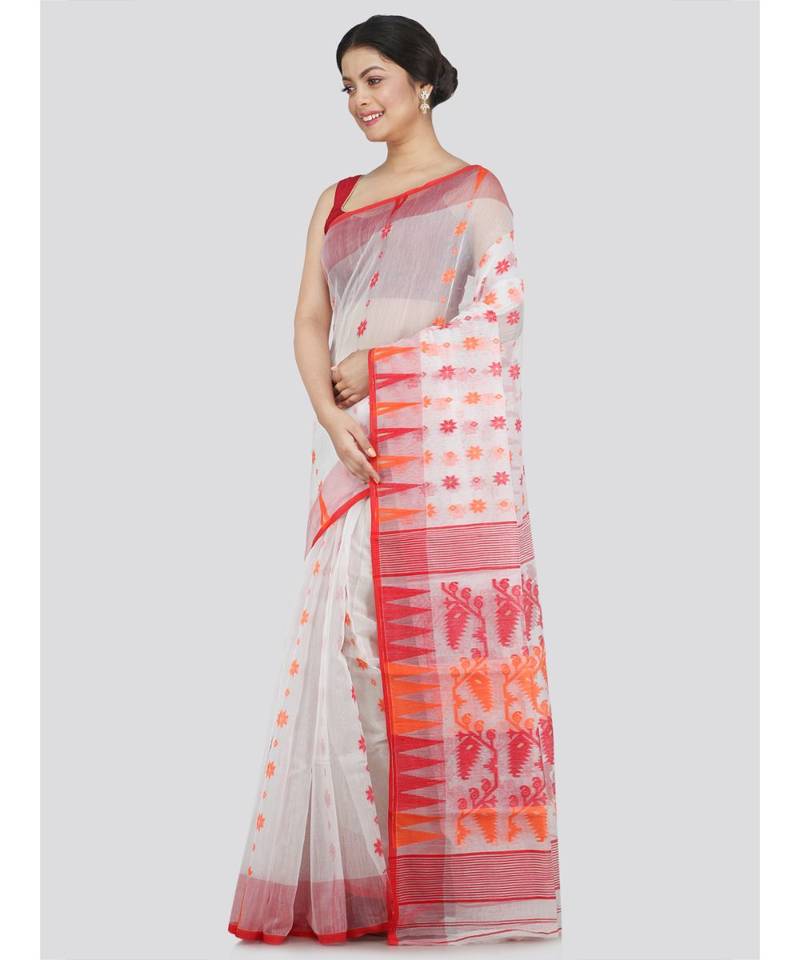 Pinkloom Women'S White Hand Woven Jamdani-Sarees Without Blouse