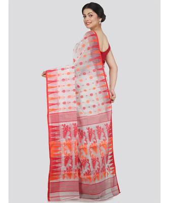 Pinkloom Women'S White Hand Woven Jamdani-Sarees Without Blouse 3