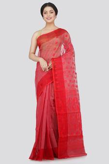 Pinkloom Women'S Red Hand Woven Jamdani-Sarees Without Blouse