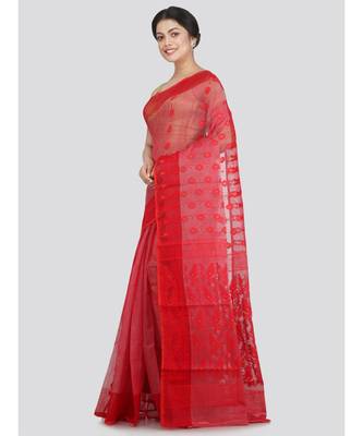 Pinkloom Women'S Red Hand Woven Jamdani-Sarees Without Blouse 2
