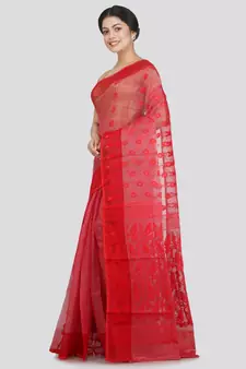 Pinkloom Women'S Red Hand Woven Jamdani-Sarees Without Blouse