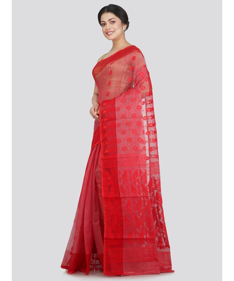 Pinkloom Women'S Red Hand Woven Jamdani-Sarees Without Blouse