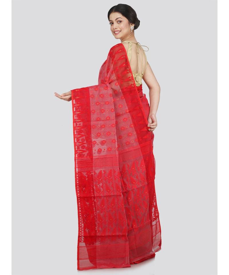 Pinkloom Women'S Red Hand Woven Jamdani-Sarees Without Blouse