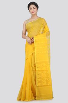 Pinkloom Women'S Yellow Hand Woven Jamdani-Sarees Without Blouse