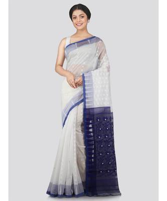 Pinkloom Women'S White Hand Woven Jamdani-Sarees Without Blouse 1
