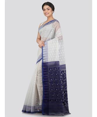 Pinkloom Women'S White Hand Woven Jamdani-Sarees Without Blouse 2