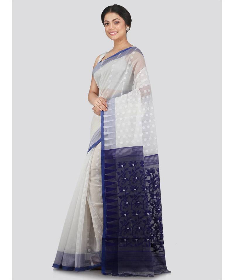 Pinkloom Women'S White Hand Woven Jamdani-Sarees Without Blouse