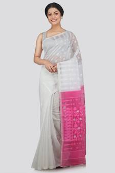 Pinkloom Women'S White Hand Woven Jamdani-Sarees Without Blouse