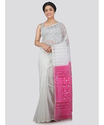 Pinkloom Women'S White Hand Woven Jamdani-Sarees Without Blouse 1