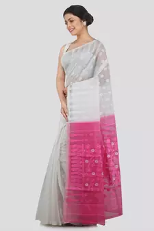 Pinkloom Women'S White Hand Woven Jamdani-Sarees Without Blouse