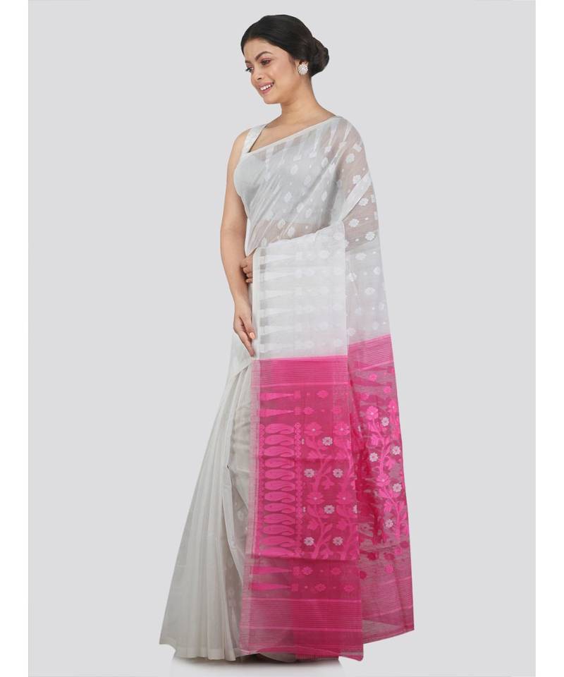 Pinkloom Women'S White Hand Woven Jamdani-Sarees Without Blouse