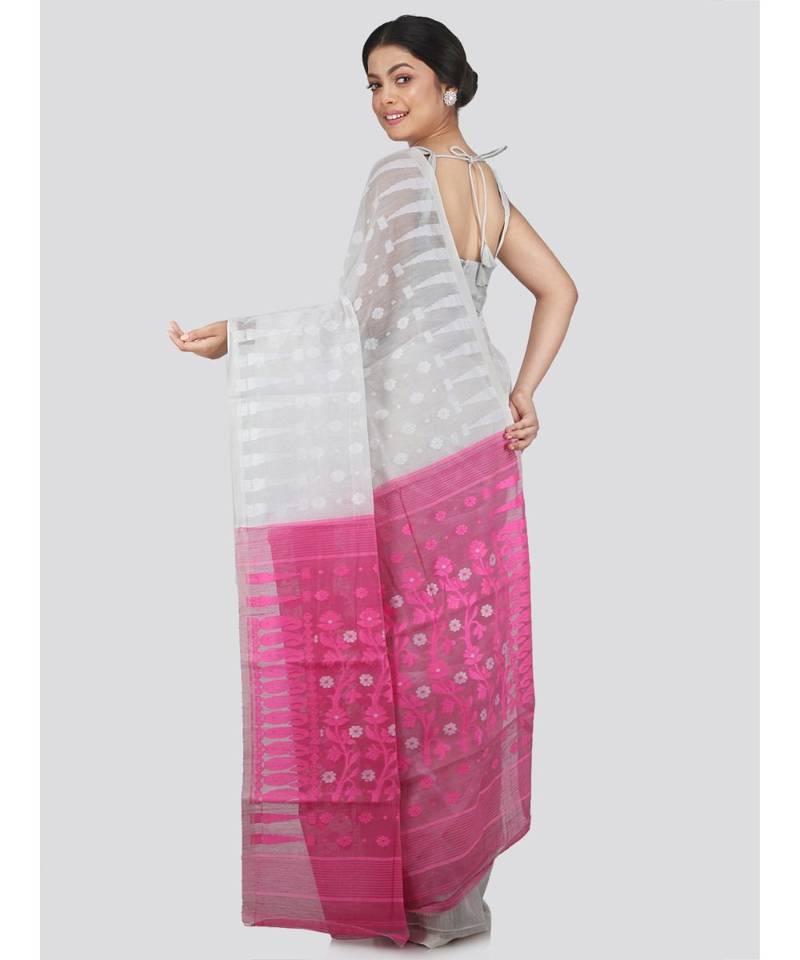 Pinkloom Women'S White Hand Woven Jamdani-Sarees Without Blouse