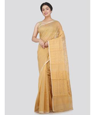 Pinkloom Women'S Beige Hand Woven Jamdani-Sarees Without Blouse 1