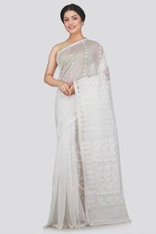 Pinkloom Women'S White Hand Woven Jamdani-Sarees Without Blouse