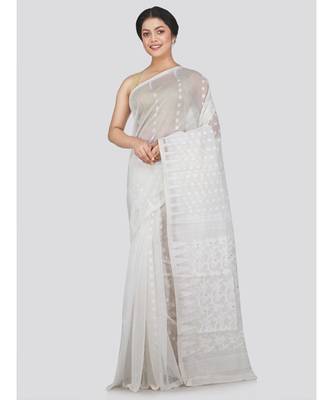 Pinkloom Women'S White Hand Woven Jamdani-Sarees Without Blouse 1
