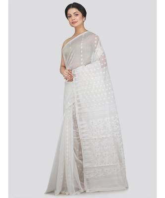 Pinkloom Women'S White Hand Woven Jamdani-Sarees Without Blouse 2