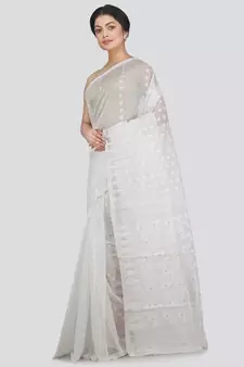 Pinkloom Women'S White Hand Woven Jamdani-Sarees Without Blouse