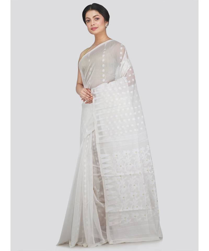 Pinkloom Women'S White Hand Woven Jamdani-Sarees Without Blouse