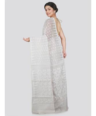 Pinkloom Women'S White Hand Woven Jamdani-Sarees Without Blouse 3