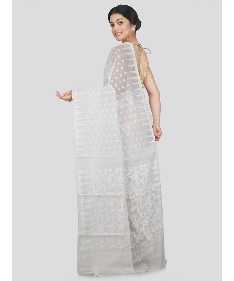 Pinkloom Women'S White Hand Woven Jamdani-Sarees Without Blouse