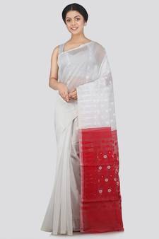 Pinkloom Women'S White Hand Woven Jamdani-Sarees Without Blouse