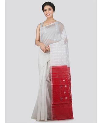 Pinkloom Women'S White Hand Woven Jamdani-Sarees Without Blouse 1