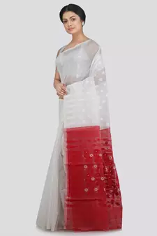Pinkloom Women'S White Hand Woven Jamdani-Sarees Without Blouse