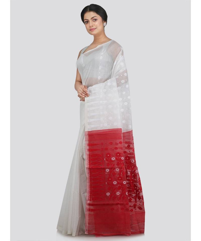 Pinkloom Women'S White Hand Woven Jamdani-Sarees Without Blouse