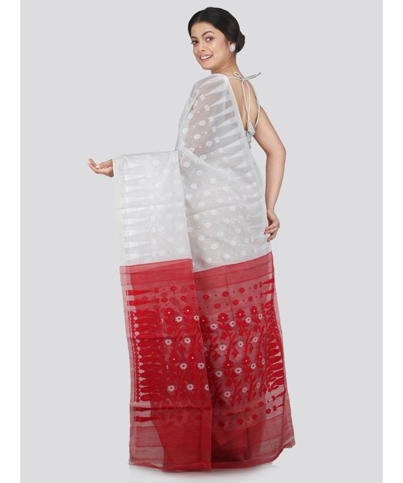 Pinkloom Women'S White Hand Woven Jamdani-Sarees Without Blouse