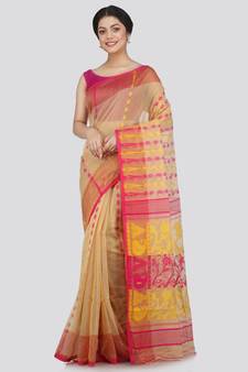 Pinkloom Women'S Beige Hand Woven Jamdani-Sarees Without Blouse