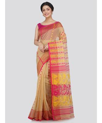 Pinkloom Women'S Beige Hand Woven Jamdani-Sarees Without Blouse 1