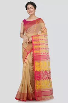 Pinkloom Women'S Beige Hand Woven Jamdani-Sarees Without Blouse