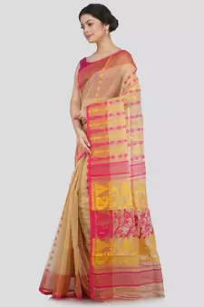 Pinkloom Women'S Beige Hand Woven Jamdani-Sarees Without Blouse