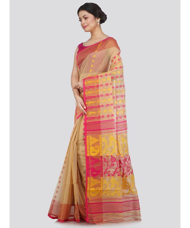 Pinkloom Women'S Beige Hand Woven Jamdani-Sarees Without Blouse