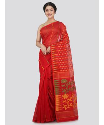 Pinkloom Women'S Red Hand Woven Jamdani-Sarees Without Blouse 1