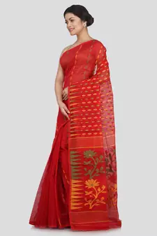 Pinkloom Women'S Red Hand Woven Jamdani-Sarees Without Blouse