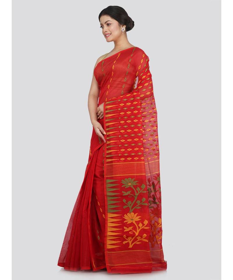 Pinkloom Women'S Red Hand Woven Jamdani-Sarees Without Blouse