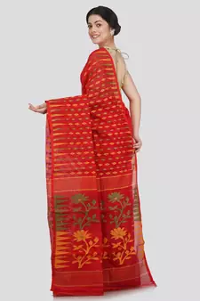 Pinkloom Women'S Red Hand Woven Jamdani-Sarees Without Blouse