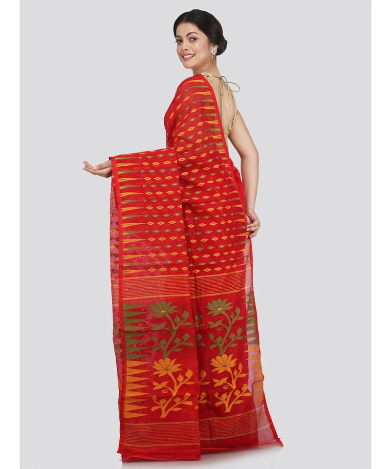 Pinkloom Women'S Red Hand Woven Jamdani-Sarees Without Blouse