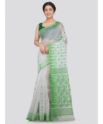 Pinkloom Women'S White Hand Woven Jamdani-Sarees Without Blouse 1