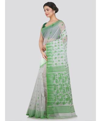 Pinkloom Women'S White Hand Woven Jamdani-Sarees Without Blouse 2