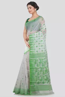Pinkloom Women'S White Hand Woven Jamdani-Sarees Without Blouse