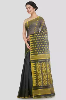 Pinkloom Women'S Grey Hand Woven Jamdani-Sarees Without Blouse