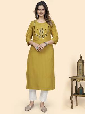 Vbuyz Women'S Hand Work Straight Viscose Yellow Stitched Kurta 1