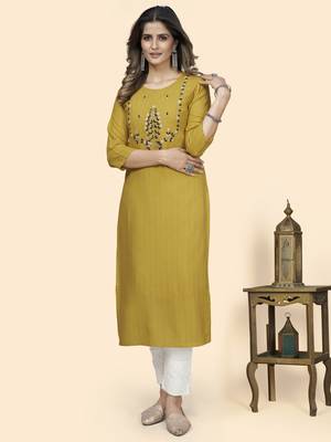 Vbuyz Women'S Hand Work Straight Viscose Yellow Stitched Kurta 2