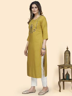Vbuyz Women'S Hand Work Straight Viscose Yellow Stitched Kurta 4