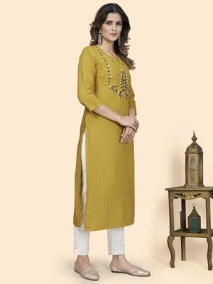 Vbuyz Women'S Hand Work Straight Viscose Yellow Stitched Kurta 5
