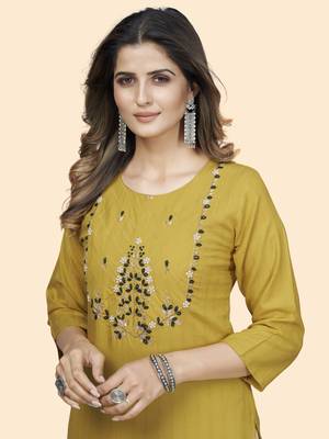 Vbuyz Women'S Hand Work Straight Viscose Yellow Stitched Kurta 6